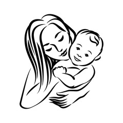 mother with her baby. stylized outline symbol. motherhood, love, mother care. silhouette, icon, logo
