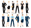 Vector illustration of corporate dress code. Man and woman in official blue and black suits isolated on white background. Formal wardrobe.
