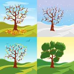 Wall Mural - Cartoon Tree Seasons Set on a Nature Landscape Background. Vector