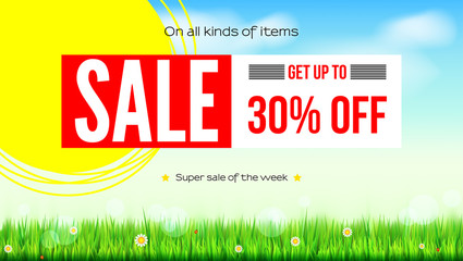 Poster - Summer selling ad banner, vintage text design. Thirty percent discounts, sale background with yellow sun, green field, white clouds and blue sky. Template for shopping, advertising.