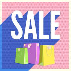 Poster - Halftone sale poster on backdrop from color dots with long shadow. Vintage, retro graphic and shopping bags with tag. Colorful promotional banner, poster design. Selling ad banner, vintage text design
