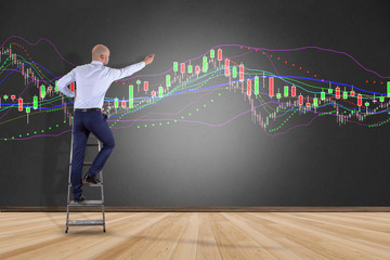 Poster - man in front of a wall writing on a stock exchange interface - tradex concept