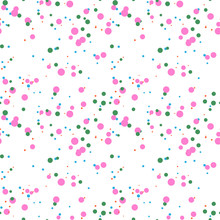 Orange, Green, Blue, Pink Messy Dots. Abstract Colorful Dotted Seamless Pattern. Round Geometric Seamless Pattern On White Background. Infinity Geometrical Pattern. Vector Illustration.