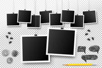 Wall Mural - blank photo frame set hanging on a clip. retro vintage style. black empty place for your text or pho