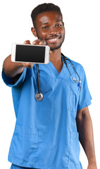 Wall Mural - Professional African doctor with cellphone, isolated on white