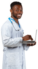 Wall Mural - Friendly Afro-American doctor working on a laptop