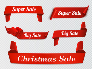Wall Mural - set of five red, realistic, sale paper banners isolated.