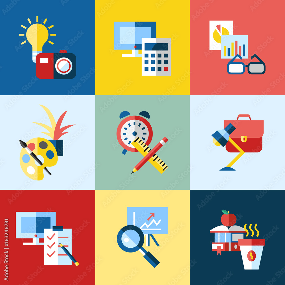 Blue Red Work Digital vector blue red work space icons set with drawn simple line art ...