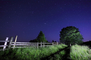 Wall Mural - fantastic view at the starry sky. wood illuminated lantern at twilight