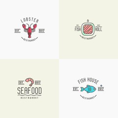 Wall Mural - Four different styles for logo of fish or sushi restaurant with such elements as lobster, fish and shrimp. Thin line vector illustration.