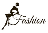 Fototapeta Młodzieżowe - Black and white fashion logo with woman model silhouette. Hand drawn vector illustration