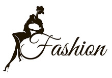 Black And White Fashion Logo With Woman Model Silhouette. Hand Drawn Vector Illustration