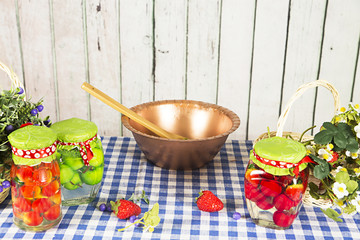 Fresh strawberries and homemade jam. Decor