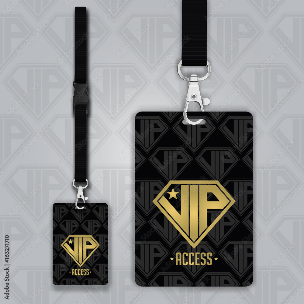 Set of lanyard and badge. Design example vip pass. Template vector illustration.