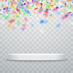 Canvas Print - Winner concept design with falling down confetti and podium. Vector