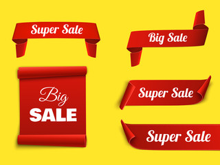 Wall Mural - Set of red sale banners. Ribbons and sticker. Vector illustration.