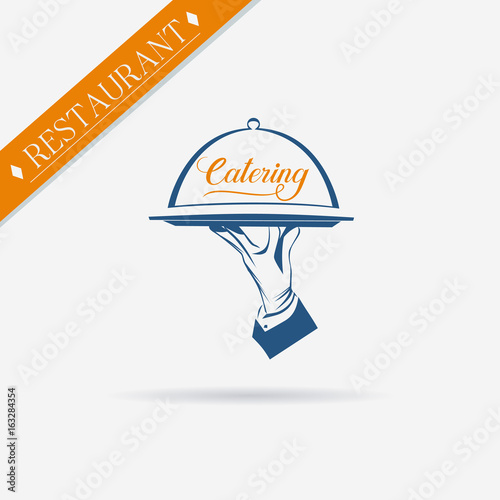 Waiter Hand In Glove Holds A Tray With Sign Catering Over