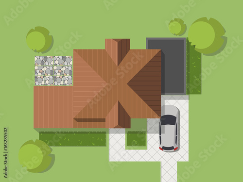 Top View Of A Country With House Courtyard Lawn And Garage Top