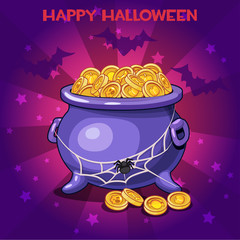 vector set of icons, cartoon llustration pot and coins for Happy Halloween party