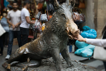 People put a coin in the mouth of bronze boar fountain at Il Mercato Nuovo or the New Market, Florence, Italy