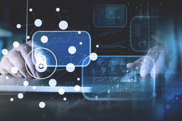 Poster - cyber security internet and networking concept.Businessman hand working with VR screen padlock icon on computer background