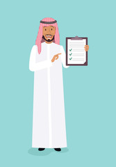 Full-length arabic businessman standing and holding  a clipboard with a check list. Vector flat illustration