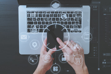 Poster - cyber security internet and networking concept.Businessman hand working with VR screen padlock icon mobile phone on computer background