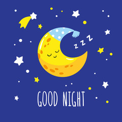  Cute sleeping crescent moon in the night sky. Hand-written inscription good night. Vector illustration is suitable for greeting cards, posters and prints on t-shirts.