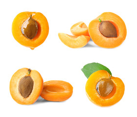 Fototapete - Set of delicious apricots on white background