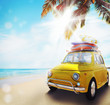 Start summertime vacation with an old car on the beach. 3d rendering