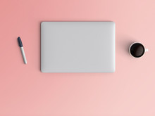 Modern Workspace With Closed Notebook Or Laptop, Pen And Coffee Cup Copy Space On Color Background. Top View. Flat Lay Style.