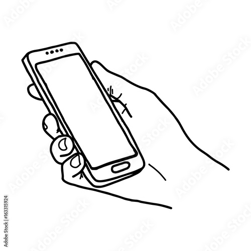 Right Hand Holding Big Smartphone With Home Button And Blank Screen Vector Illustration Sketch Hand Drawn With Black Lines Isolated On White Background Buy This Stock Vector And Explore Similar