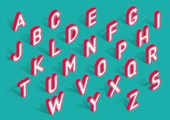 Aufkleber - Vector trendy isometric uppercase alphabet with shadows. White 3d letters with red outline on turquoise background.