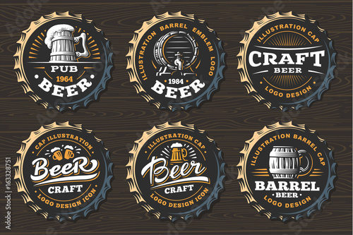 Photographie Set beer logo on caps - vector illustration, emblem brewery design on black back