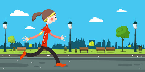 Poster - Woman Running on Road in City Park. Vector.