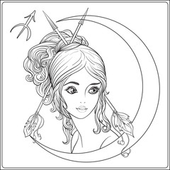 Wall Mural - Sagittarius,  archer. A young beautiful girl In the form of one of the signs of the zodiac.  Outline hand drawing coloring page for adult coloring book. Stock line vector illustration.