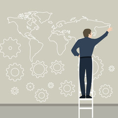 Poster - businessman drawing map on the wall planning connection world wide gear works