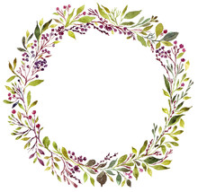 Watercolor Illustration With Green Floral Wreath
