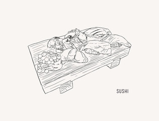 Wall Mural - set of sushi , japanese food . hand drawn water color sketch vector.