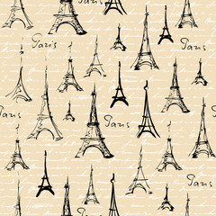 Poster - Seamless background pattern. Imitation of a vantage collage with a Paris lettering.