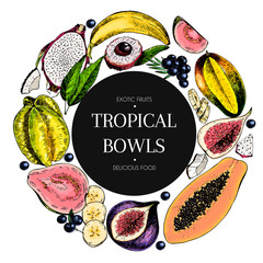 Wall Mural - Vector hand drawn smoothie bowls poster. engraved fruits. Colored icons in round bodrer. Banana, mango, papaya, pitaya, fig, carambola, pitahaya, lychee, coconut, acai.