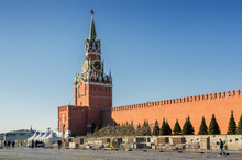 Morning Sunny View Of  Spasskaya Clock Tower Of Kremlin, Red Square, Moscow, Russia.