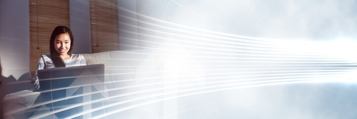 Poster - Woman on couch with laptop and white interface transition
