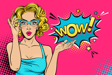 Wow Female Face. Sexy Surprised Young Woman In Glasses With Open Mouth And Blonde Curly Hair And Speech Bubble. Vector Bright Background In Pop Art Retro Comic Style. Party Invitation Poster.