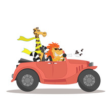 Cute Card For Child Fun Cartoon Style There Are Funny Animals In The Car Cabriolet Illustration Isolated On White