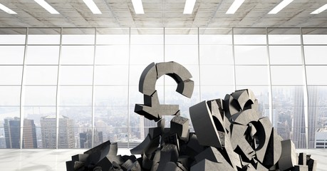 Poster - 3D Broken concrete stone with money pound symbol in cityscape