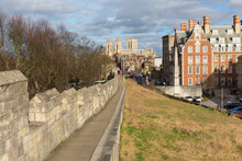 York UK Famous City Walls In Historic Yorkshire England With View Towards York Minster
