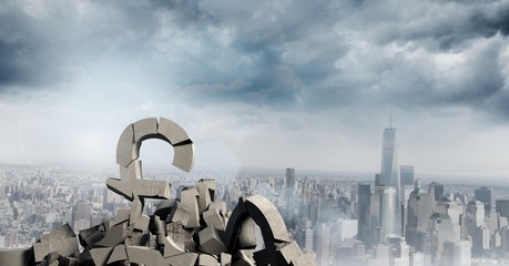 Poster - 3D Broken concrete stone with money pound symbol in cityscape