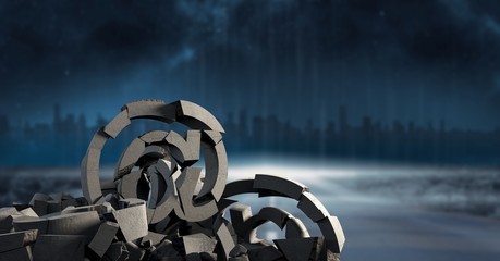 Poster - 3D Broken concrete stone with at symbol  in cityscape
