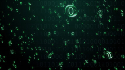 Poster - the binary code inside the bubbles rises. green interface. 3d illustration